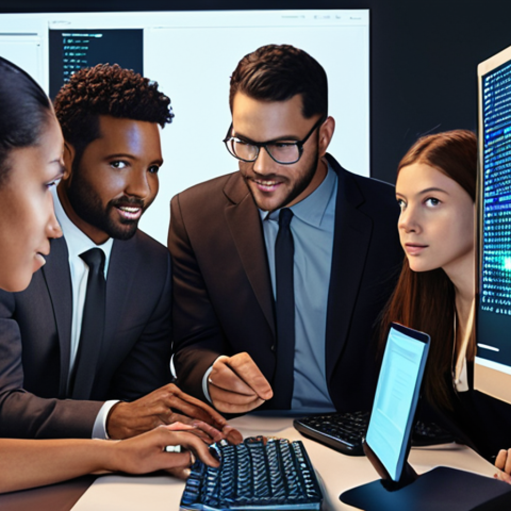 **Diverse group of people collaboratively auditing an AI system represented by glowing code, highlighting fairness metrics and community engagement.** (Focuses on holistic fairness evaluation)