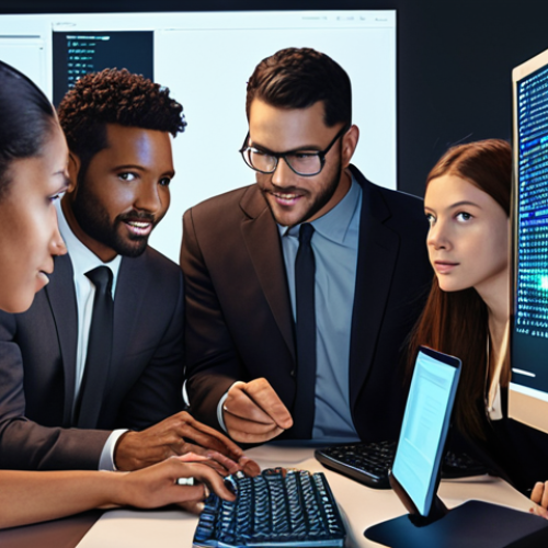 **Diverse group of people collaboratively auditing an AI system represented by glowing code, highlighting fairness metrics and community engagement.** (Focuses on holistic fairness evaluation)
