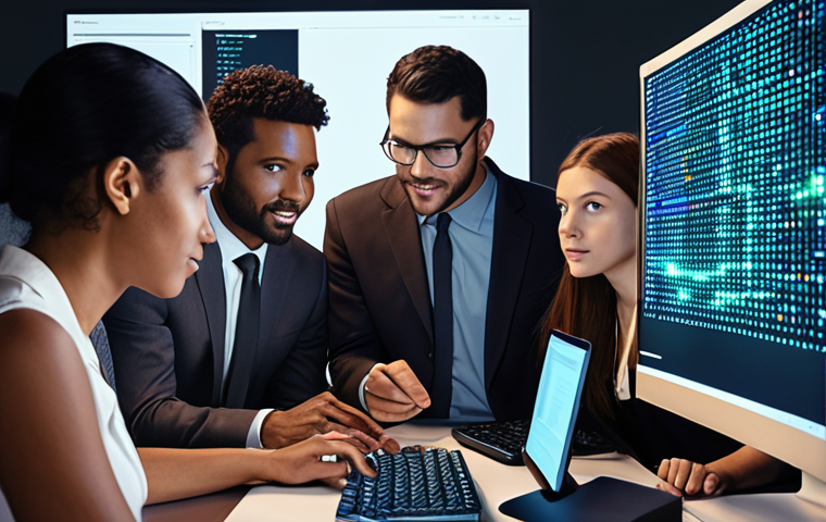 **Diverse group of people collaboratively auditing an AI system represented by glowing code, highlighting fairness metrics and community engagement.** (Focuses on holistic fairness evaluation)