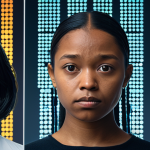 A poignant scene depicting algorithmic bias. A diverse group of individuals, representing various ethnicities and backgrounds, stands before a futuristic, glowing AI interface. The interface displays complex data patterns and decision-making processes. Some individuals appear subtly marginalized or highlighted negatively by the AI's projections, symbolizing unintended discrimination in areas like loan applications or hiring. Visual elements of historical, imbalanced datasets subtly appear in the background as abstract, distorted patterns, emphasizing how past inequalities influence AI. The mood is contemplative and slightly somber, yet holds a subtle hint of awareness and the need for change. Realistic, high detail, focus on human expressions and technological interaction, subdued lighting.