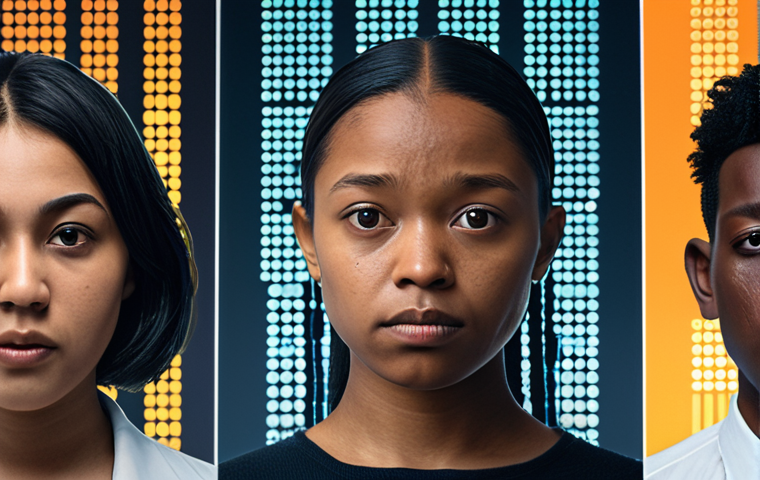 A poignant scene depicting algorithmic bias. A diverse group of individuals, representing various ethnicities and backgrounds, stands before a futuristic, glowing AI interface. The interface displays complex data patterns and decision-making processes. Some individuals appear subtly marginalized or highlighted negatively by the AI's projections, symbolizing unintended discrimination in areas like loan applications or hiring. Visual elements of historical, imbalanced datasets subtly appear in the background as abstract, distorted patterns, emphasizing how past inequalities influence AI. The mood is contemplative and slightly somber, yet holds a subtle hint of awareness and the need for change. Realistic, high detail, focus on human expressions and technological interaction, subdued lighting.