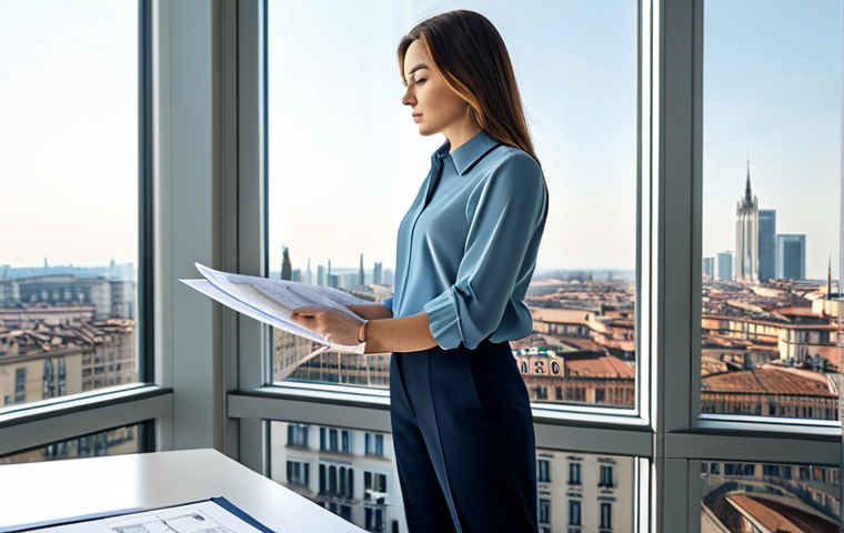 **

"A professional female architect, fully clothed in a stylish yet modest business casual outfit (think tailored trousers and a smart blouse), reviewing blueprints in a brightly lit, modern architectural office.  Large windows showcase the Milan skyline in the background.  Perfect anatomy, correct proportions, well-formed hands, natural pose. Safe for work, appropriate content, professional, family-friendly, high resolution, detailed rendering, realistic lighting."

**