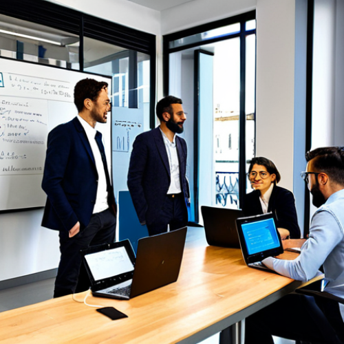 AI and the Future of Work in Italy**

"A group of diverse professionals collaborating in a modern co-working space in Milan, some working on laptops displaying lines of code, others brainstorming around a whiteboard. Everyone is fully clothed in appropriate business casual attire.  Emphasis on a bright, optimistic, and forward-looking atmosphere. 'Made in Italy' logo subtly visible. Safe for work. Professional. Perfect anatomy. Natural proportions.  High quality. Appropriate content. Fully clothed."

**