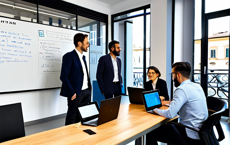 AI and the Future of Work in Italy**

"A group of diverse professionals collaborating in a modern co-working space in Milan, some working on laptops displaying lines of code, others brainstorming around a whiteboard. Everyone is fully clothed in appropriate business casual attire.  Emphasis on a bright, optimistic, and forward-looking atmosphere. 'Made in Italy' logo subtly visible. Safe for work. Professional. Perfect anatomy. Natural proportions.  High quality. Appropriate content. Fully clothed."

**
